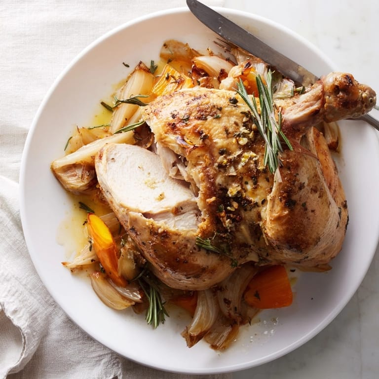 Savory Rosemary Garlic Roasted Chicken recipe: a classic, comforting main dish, ready to serve.