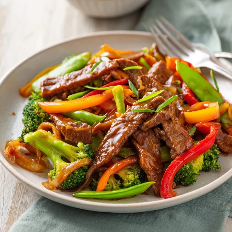 Delicious easy beef and vegetable stir-fry, featuring colorful bell peppers and succulent beef.