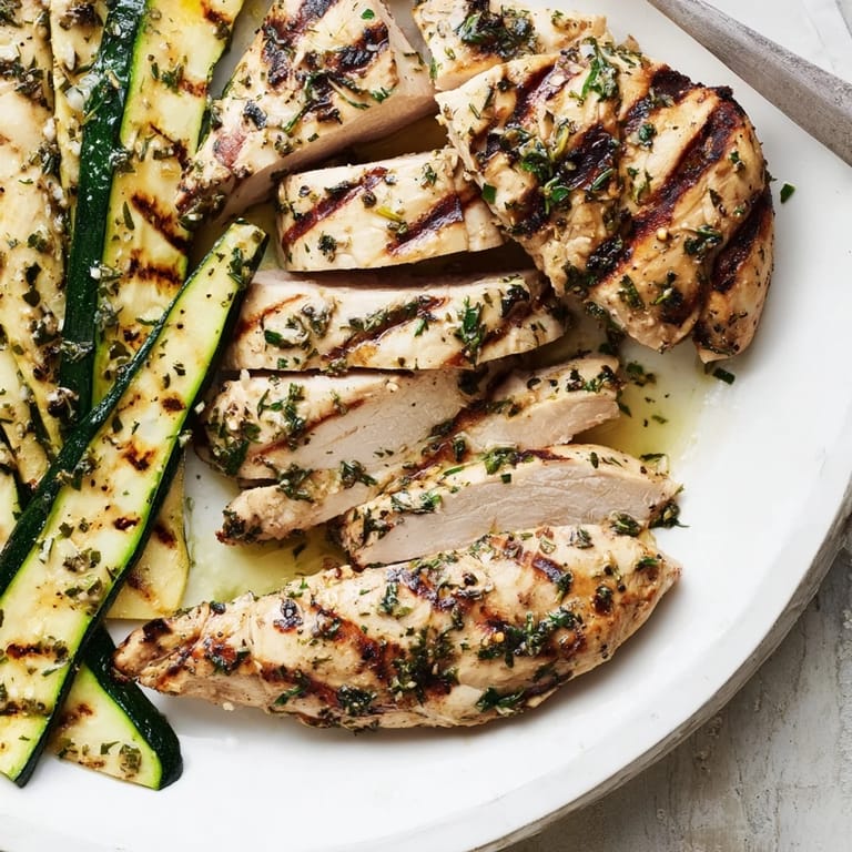 Tender grilled chicken infused with herbs, alongside deliciously grilled zucchini slices.