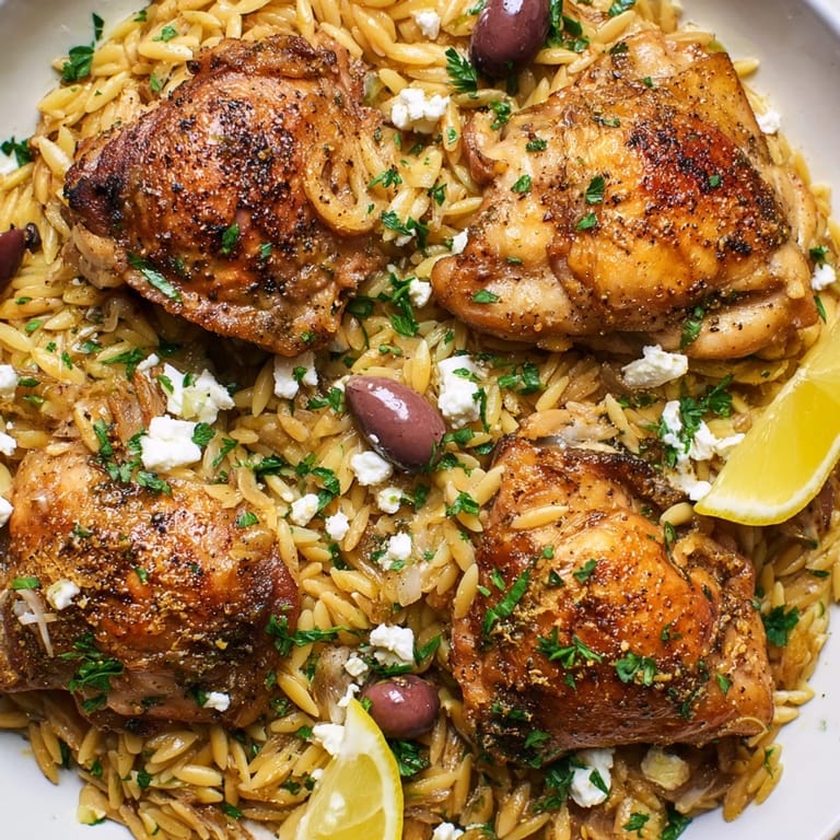 Zesty Greek Lemon Chicken with Orzo served warm, accompanied by lemon wedges and olives.  