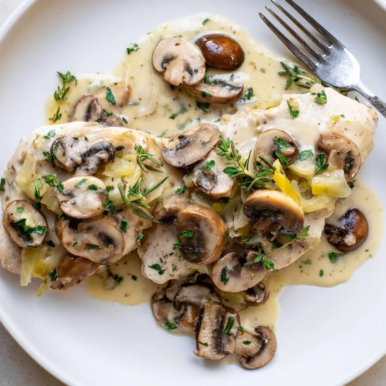 Deliciously tender Creamy Herb Mushroom Chicken garnished with fresh parsley and herbs.