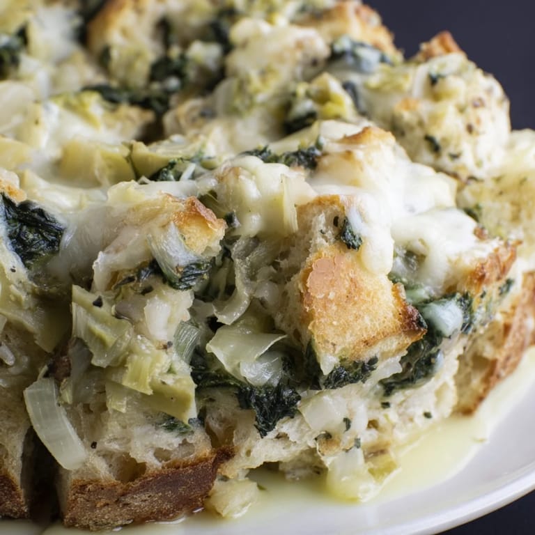 Savory Cheesy Spinach and Artichoke Bread Bake, perfect for cozy family dinners or brunch.  