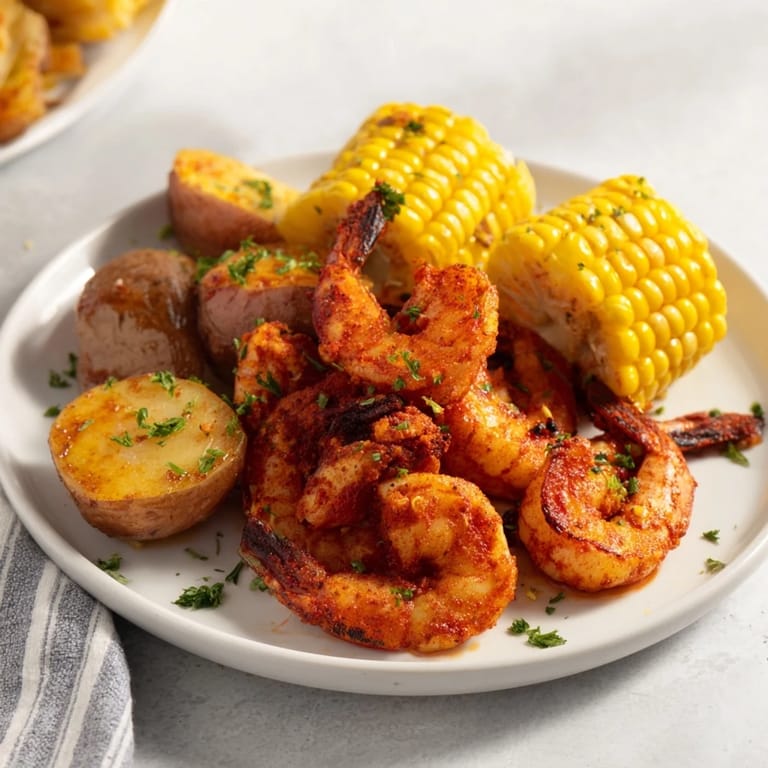 Golden-brown Cajun Shrimp & Sweet Corn Platter, featuring perfectly roasted potatoes and flavorful shrimp; a summer feast.