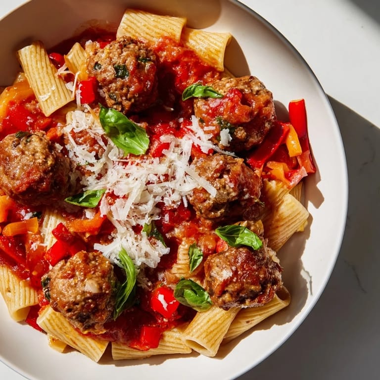 Warm Italian Meatball Pasta Skillet, with meatballs nestled in rich sauce, topped with melted mozzarella cheese.
