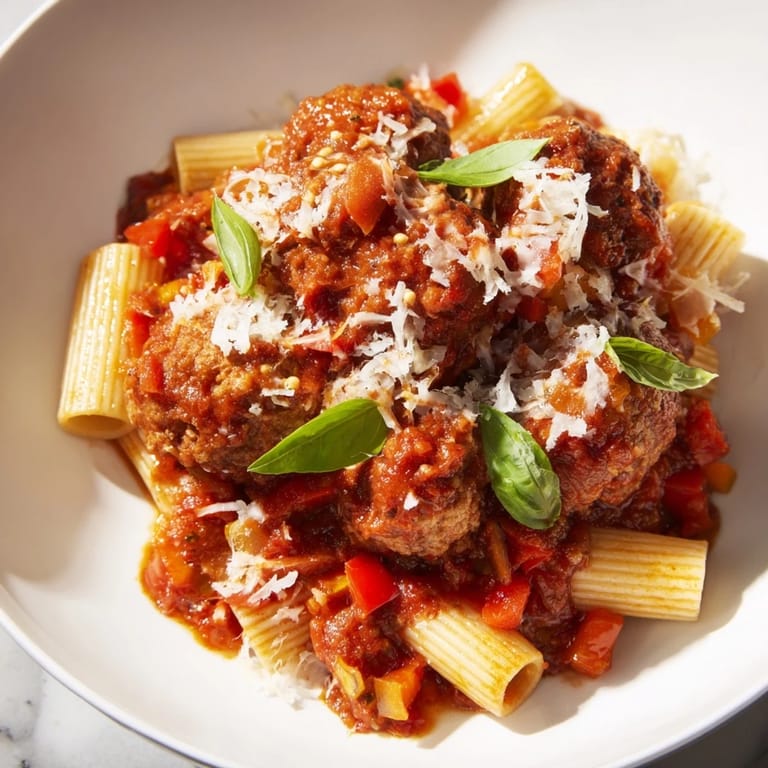 Close-up shot shows a bubbling Italian Meatball Pasta Skillet, a one-pan meal with delicious flavors.