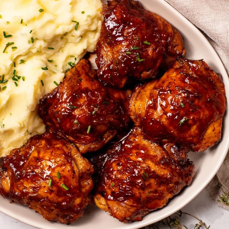 Tender, juicy honey BBQ chicken thighs with a sweet glaze, presented with comforting garlic mashed potatoes.