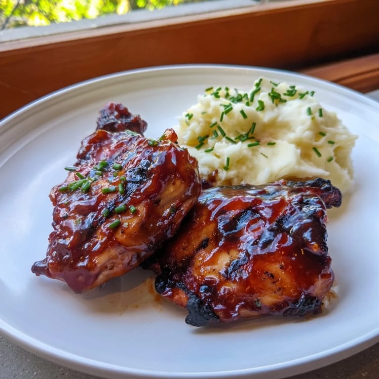 A close-up view of flavorful honey BBQ chicken thighs, glistening served with creamy garlic mashed potatoes.