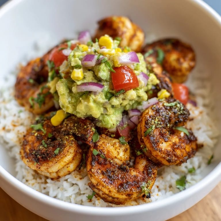 A flavorful Blackened Shrimp Bowl showcases spicy shrimp alongside creamy avocado corn salsa and fluffy rice.