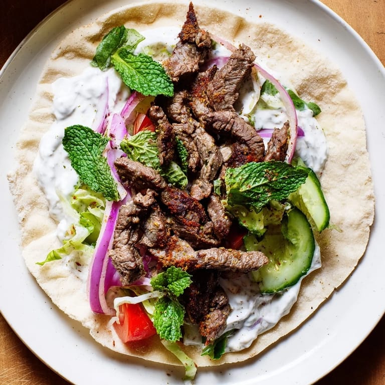 Close-up of hearty beef shawarma wraps, filled with tender spiced beef and a cooling yogurt drizzle.