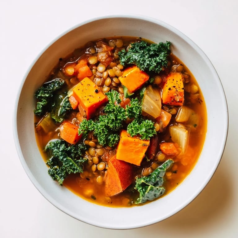 A warm bowl of Winter Vegetable & Lentil Soup, a comforting vegan dish, garnished with fresh parsley.