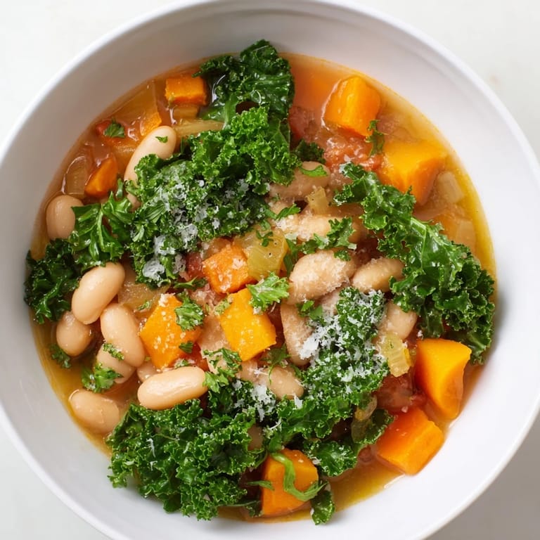 Bright red diced tomatoes and kale star in a savory Italian Bean & Kale Stew, ready to enjoy.