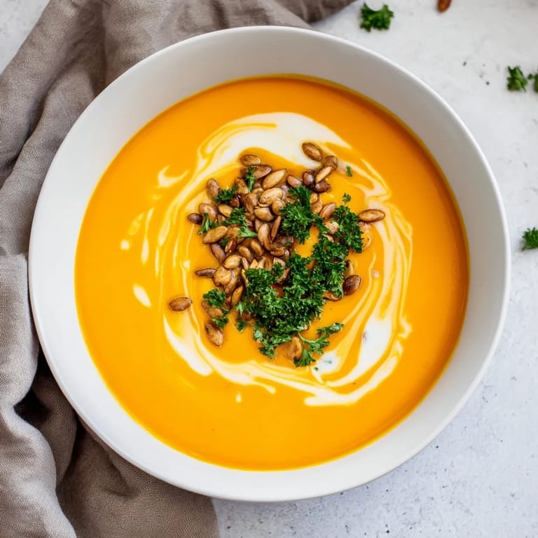 Steaming, velvety butternut squash and pear soup, a perfect blend of sweet and savory flavors.