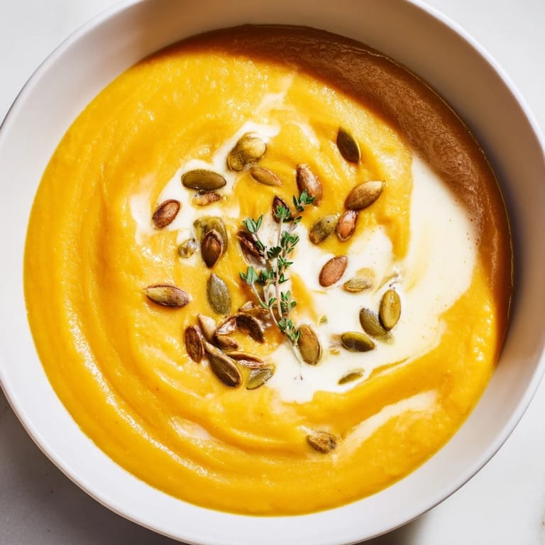 Delicious, spiced Creamy Roasted Acorn Squash Soup, beautifully garnished with toasted pumpkin seeds and fresh thyme.