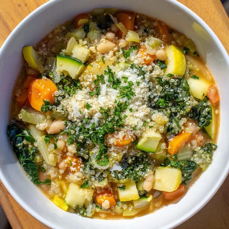 A close-up of the delicious Minestrone with Quinoa, highlighting the rich broth and fresh greens.