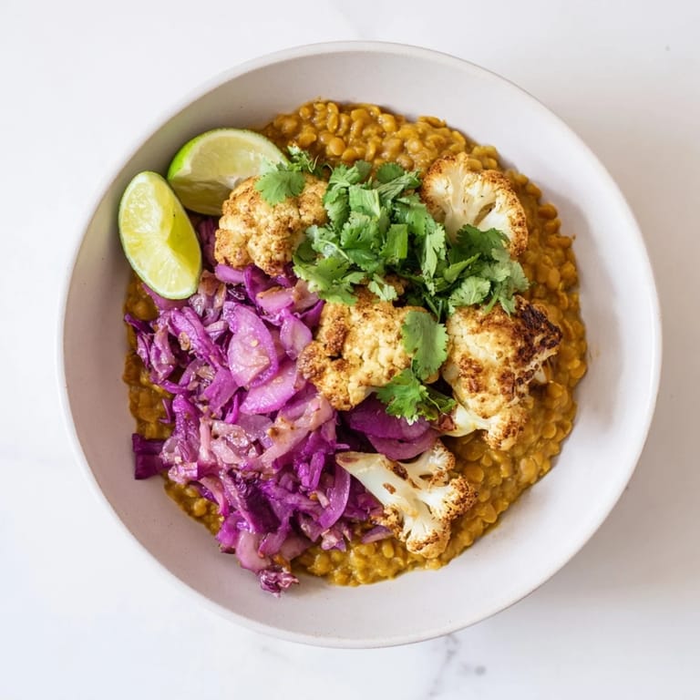 A steaming bowl of colorful red cabbage, cauliflower & coconut dhal with fragrant spices, a delicious vegetarian dish.