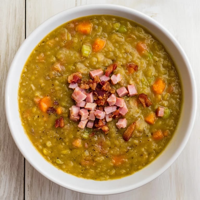 Close-up of hearty Split Pea Soup featuring pieces of ham and bacon, perfect for a warming meal.