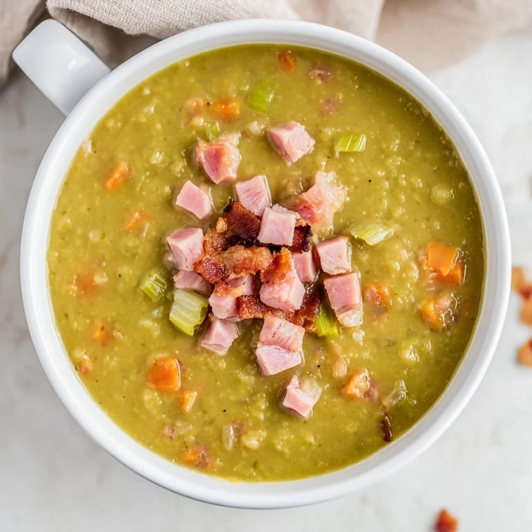 Thick, creamy Split Pea Soup with rich flavors from ham and bacon, ready to enjoy.