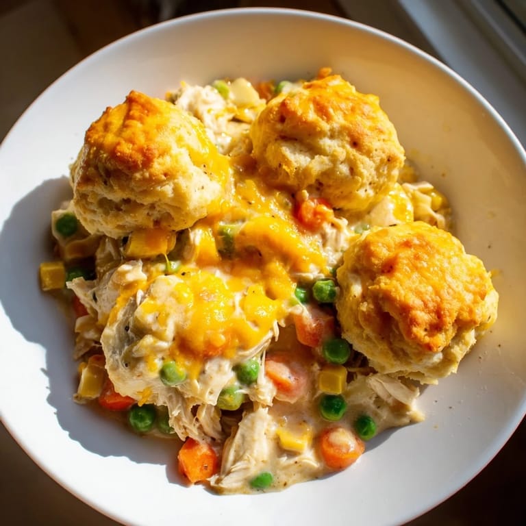 Tender chicken and veggies in creamy sauce, topped with baked cheddar biscuits, making this one-pan Chicken Cobbler.