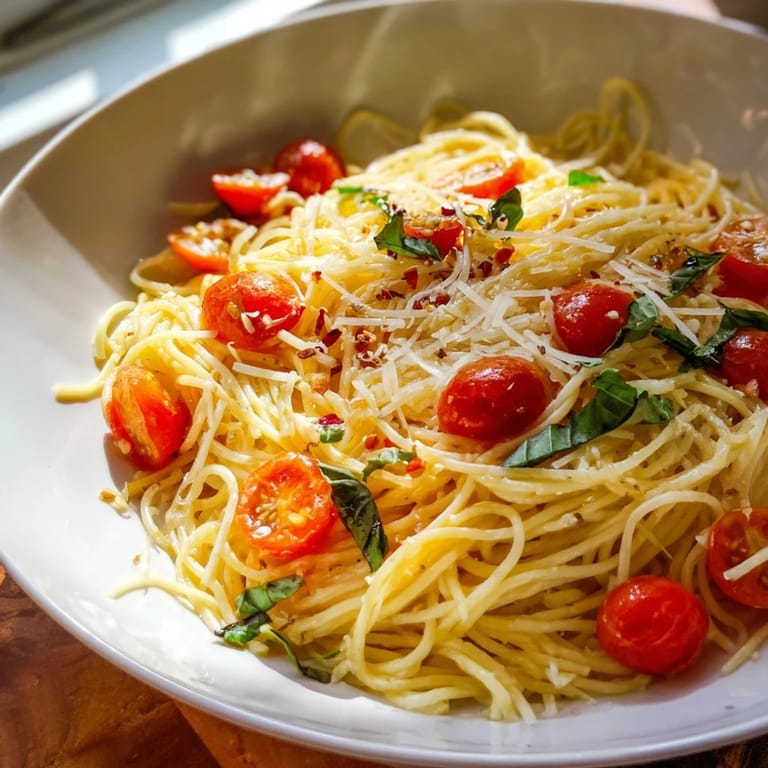 Simple yet delicious, this Lazy-Girl Pasta recipe showcases the vibrant colors of fresh tomatoes and basil.