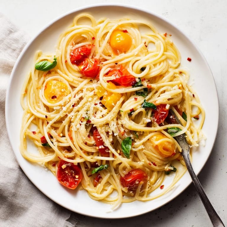 Tempting view of al dente Lazy-Girl Pasta tossed in a flavorful tomato and garlic sauce, ready to serve.