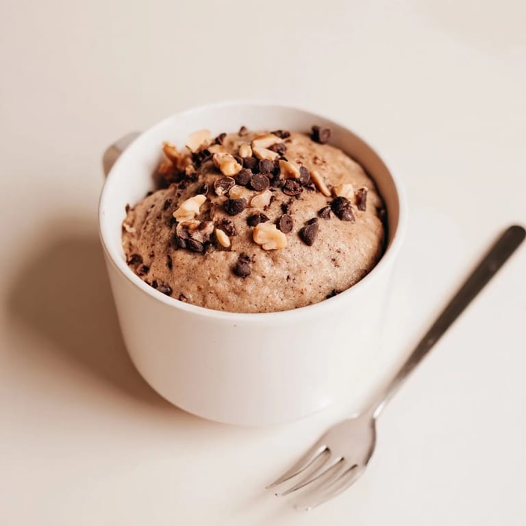 Steaming hot microwaved mug cake in a mug, ideal for those chocolate cravings.