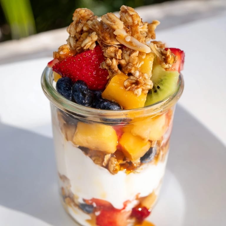 Layers of creamy yogurt parfait with colorful berries, peaches and homemade granola.