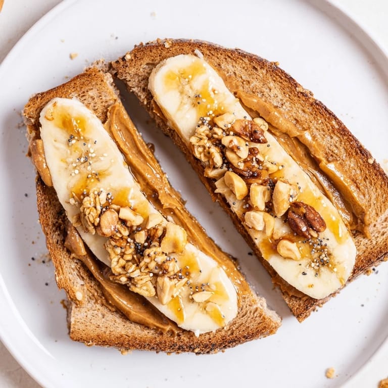 A perfect peanut butter and banana sandwich upgrade, ready to eat, featuring sliced bananas and drizzled honey.