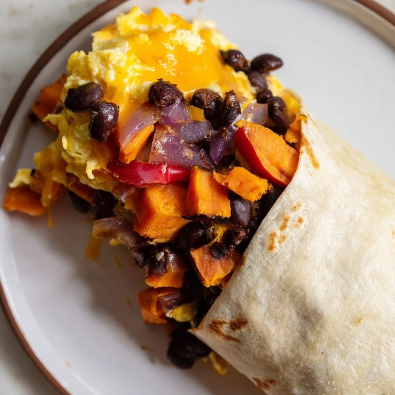 Golden-brown Sweet Potato & Black Bean Breakfast Burrito, steaming with roasted vegetables and savory fillings.