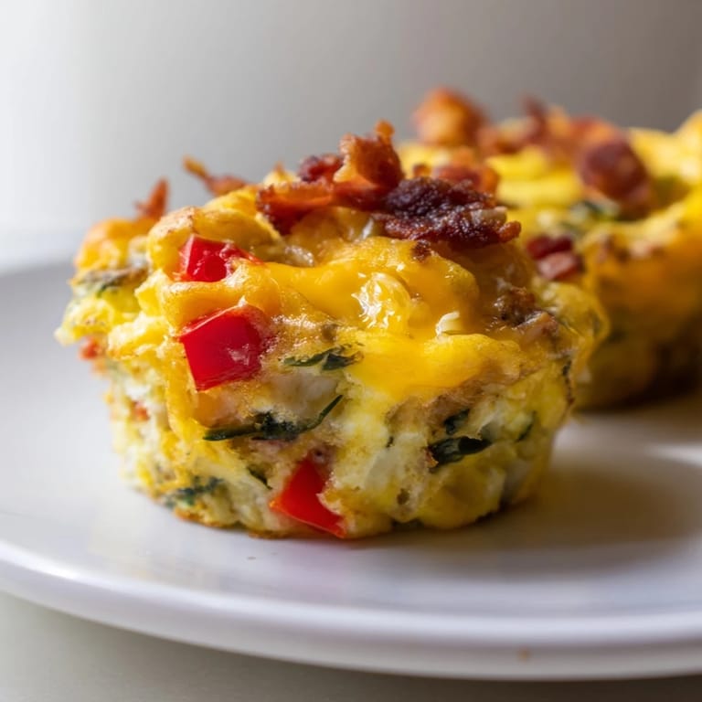 Freshly baked One-Pot Breakfast Casserole Muffins, dotted with visible red peppers and cheesy goodness, perfect for breakfast.