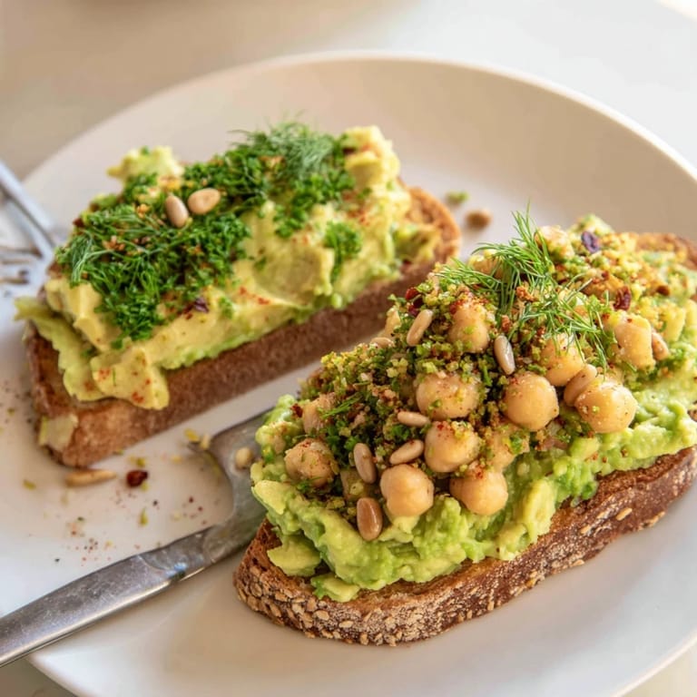 Vibrant photo of Avocado Toast with Chickpeas topped with a medley of fresh, green herbs.
