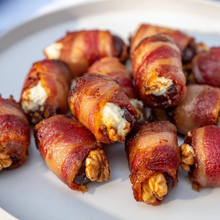 Savory bacon-wrapped dates, stuffed with creamy cheese and crunchy walnuts, perfect for any party.
