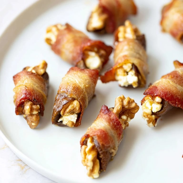 Golden, baked bacon-wrapped dates with cream cheese and walnut filling, ready to serve as appetizers.