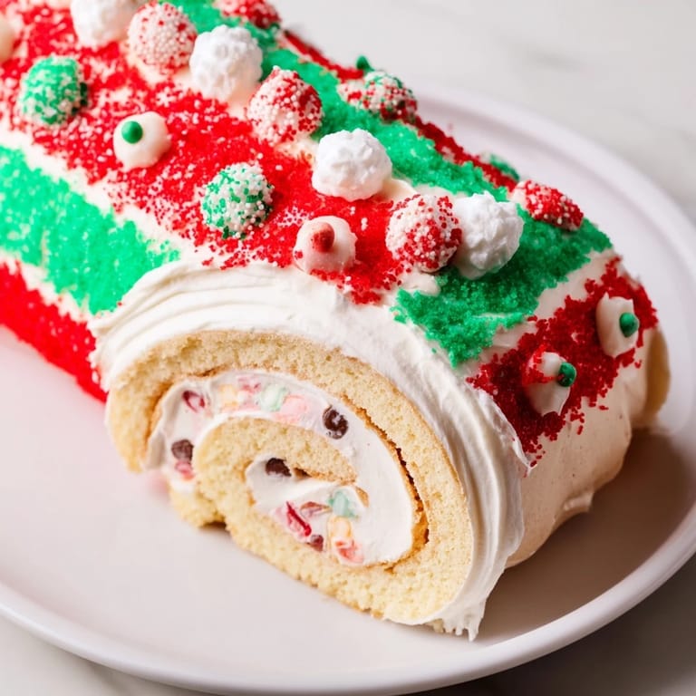 A close-up of a frosted Ugly Sweater Cake Roll with holiday sprinkles, ready to serve.