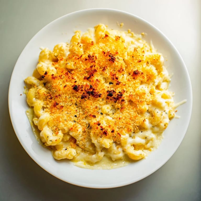 A close-up of cheesy, creamy baked macaroni and cheese, topped with crispy golden breadcrumbs, inviting you to enjoy!