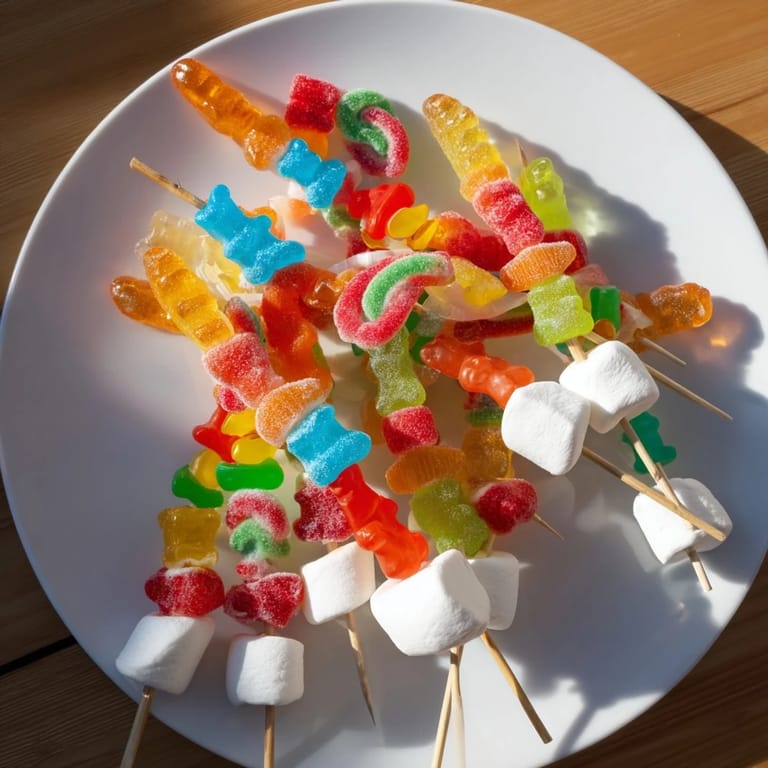 Close-up of colorful Gummy Candy Kabobs, featuring gummy bears, worms, and rings ready to eat.