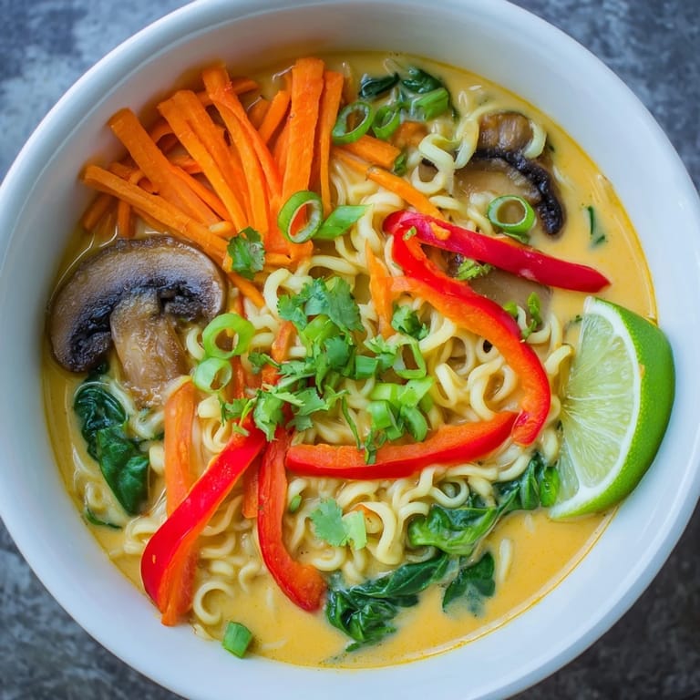 Creamy Curry Coconut Ramen, ready to eat, with bright red pepper slices and lime wedges.