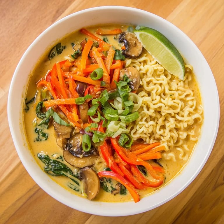 Flavorful Curry Coconut Ramen, a vegetarian delight, with a rich coconut broth and noodles.