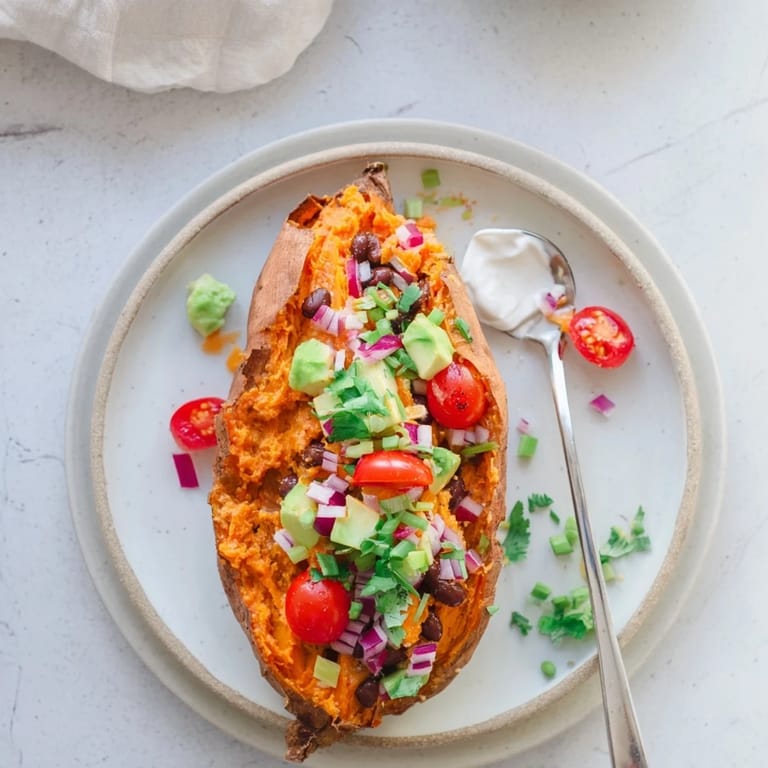 Golden-yellow Loaded Baked Sweet Potatoes, topped generously with fresh cilantro and a dollop of cool sour cream.