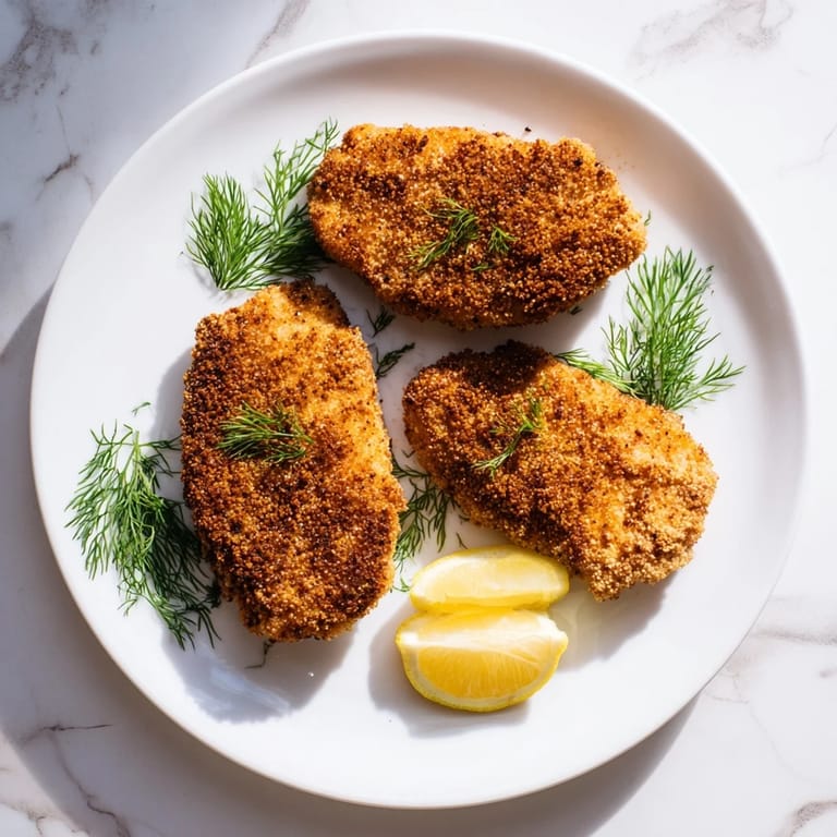 Pan-fried pickle-brined chicken cutlets with a delightful crunch, ready for serving with lemon.