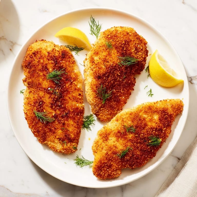 A close-up of crispy pickle-brined chicken cutlets, showing a flavorful, breaded crust.