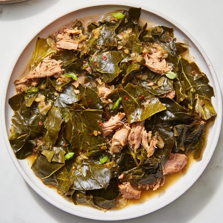Savory Southern style collard greens simmering in a pot, served with the shredded smoked turkey.
