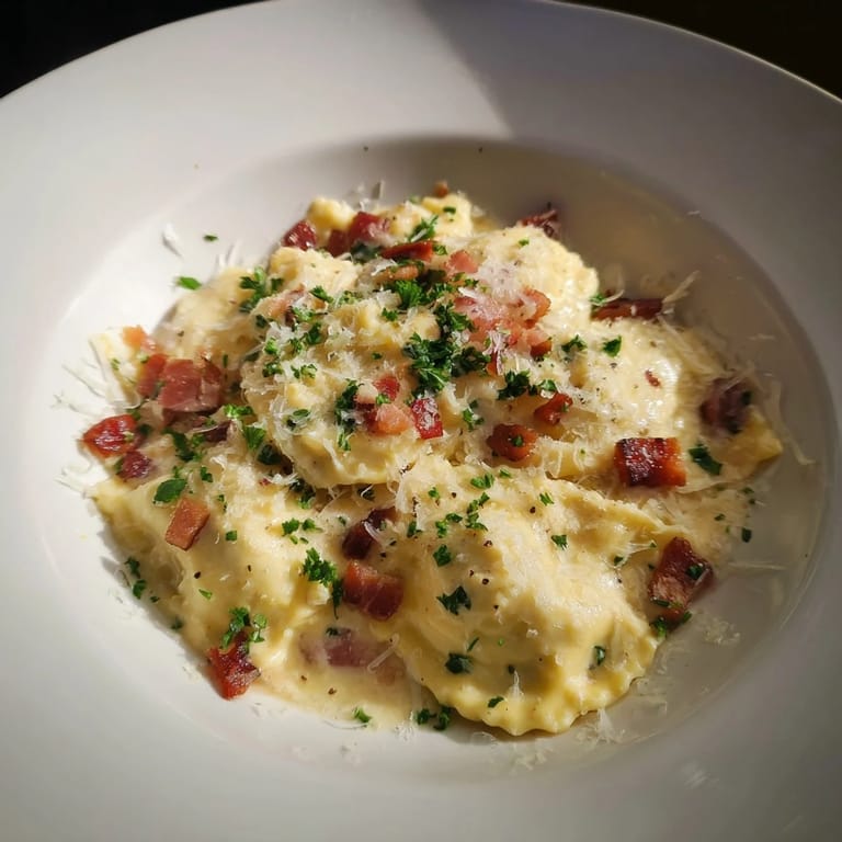 A fork twirls Olive Garden Ravioli Carbonara, a rich carbonara sauce coating the tender cheese pasta.
