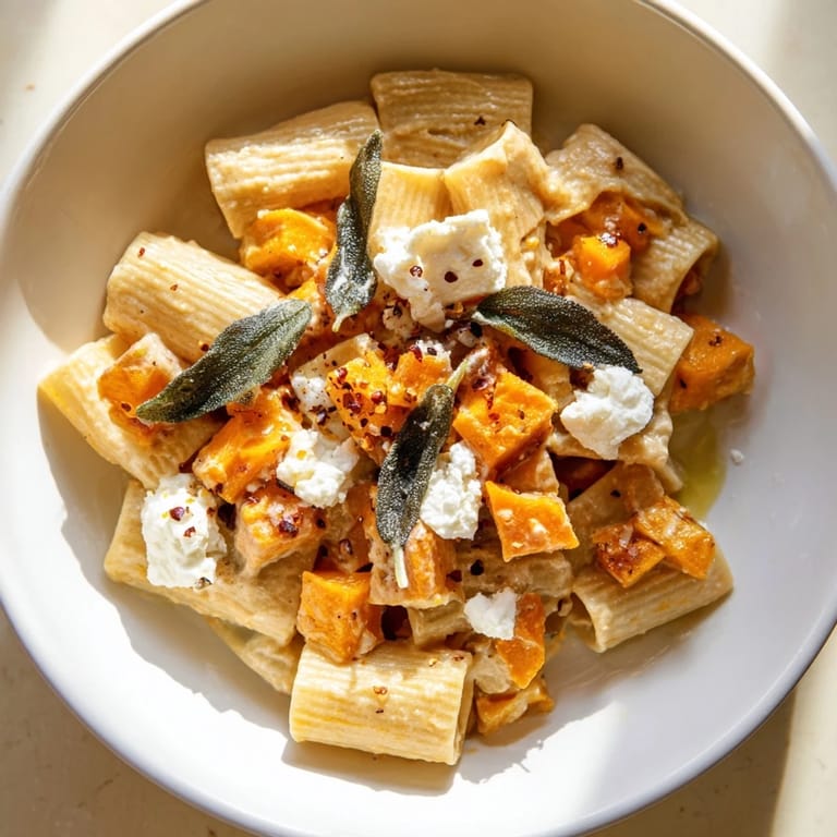 Enjoy a comforting bowl of Viral Sweet Potato Goat Cheese Sage pasta tossed with flavorful herbs.