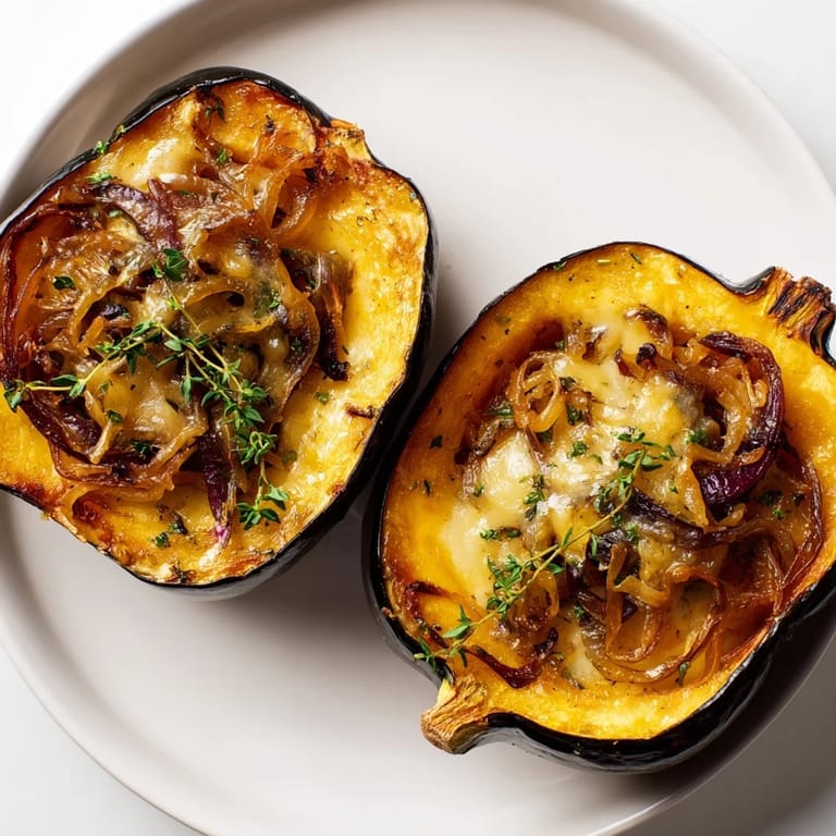 Roasted acorn squash stuffed with caramelized onions and Gruyere—a delicious flavor-packed vegetarian recipe.