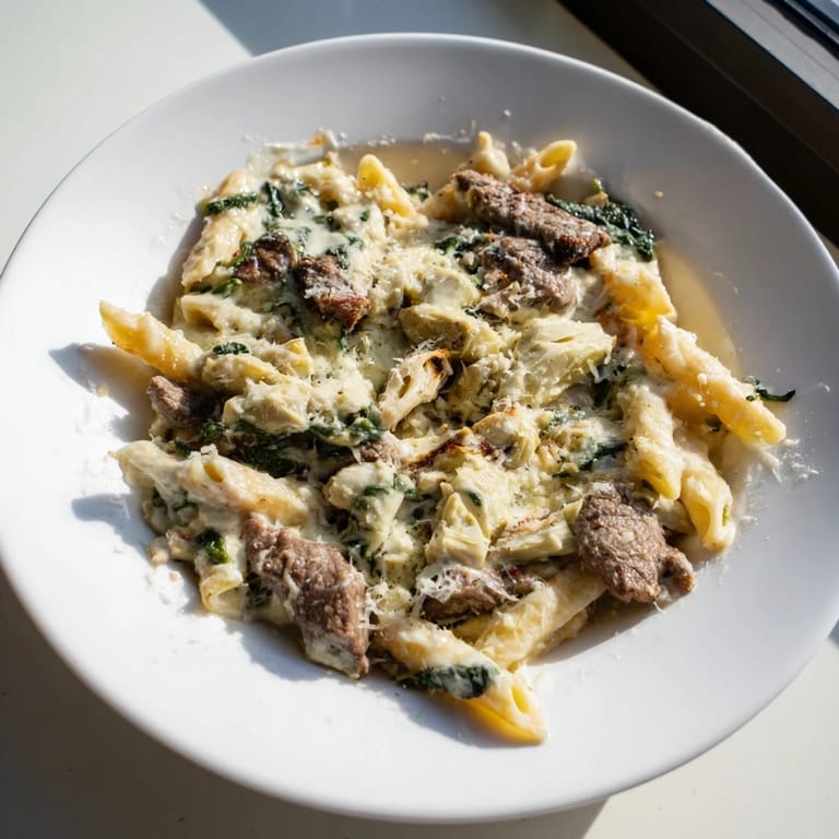 This photo features a mouthwatering Steak & Spinach Artichoke Pasta Bake, bubbling with melted mozzarella and fresh spinach.