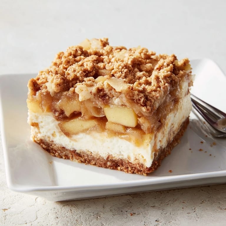 Warm spices and juicy apples layered with creamy cheesecake in these delicious Apple Crisp Cheesecake Bars.