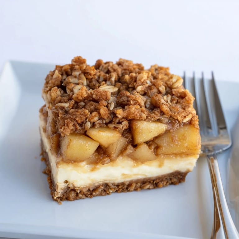 Savor the flavors: freshly baked Apple Crisp Cheesecake Bars with a beautifully golden, crumbly oat topping.