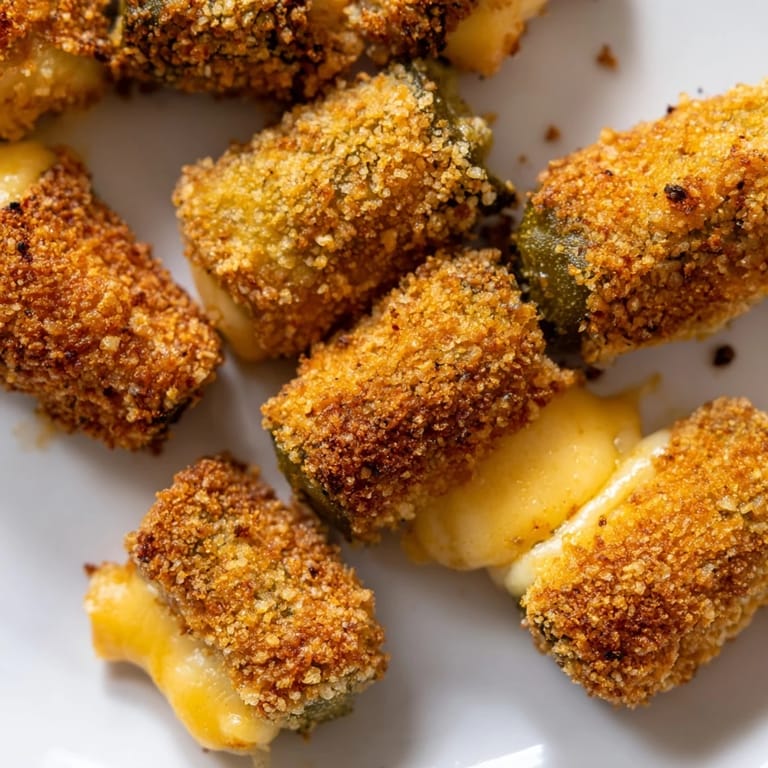 Savory and flavorful, these perfectly fried crispy cheese-wrapped pickle ornaments are ready to eat.