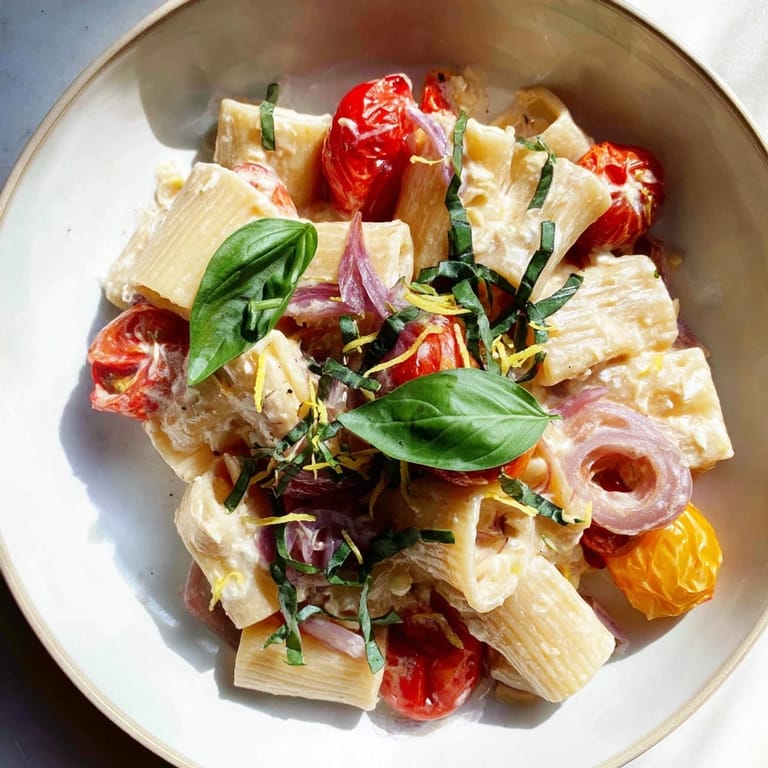 Hot, creamy one-pan baked feta Christmas pasta with fresh basil offers an inviting, delicious dinner.