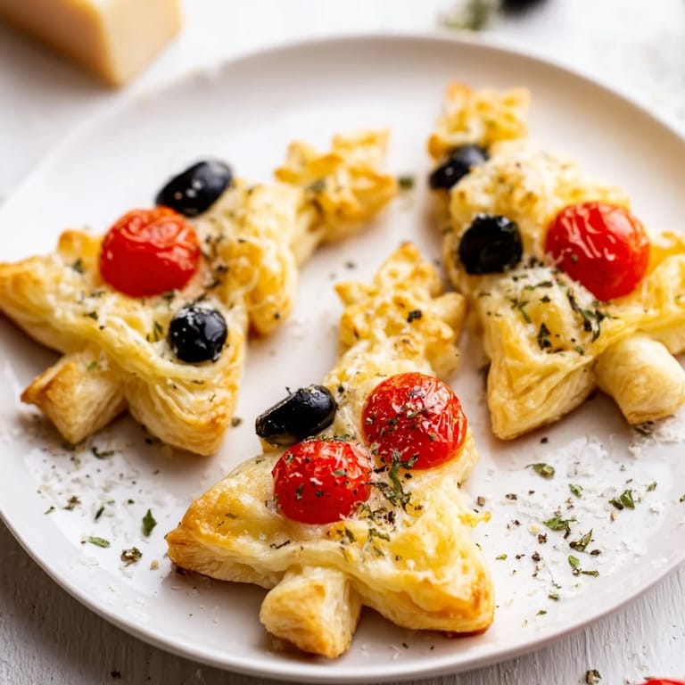 Mouthwatering Puff Pastry Christmas Tree Pizza Bites topped with mozzarella and savory ingredients, baked to perfection.
